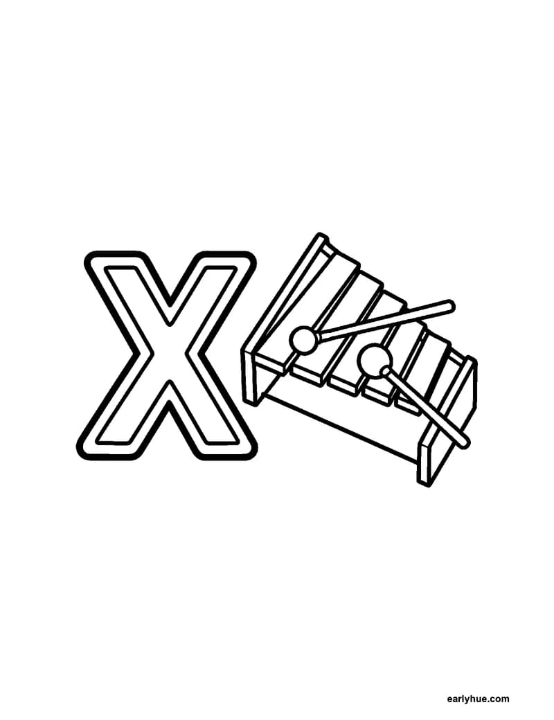 Black-and-white printable letter x coloring page featuring original child-friendly coloring page showing one large correctly formed hollow uppercase letter x.