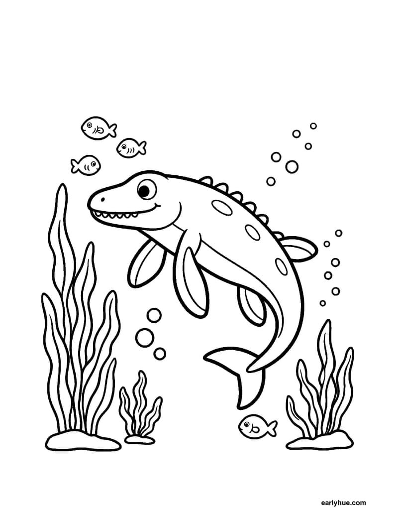Black-and-white printable mosasaurus coloring page featuring original child-friendly coloring page showing one mosasaurus swimming underwater with a.