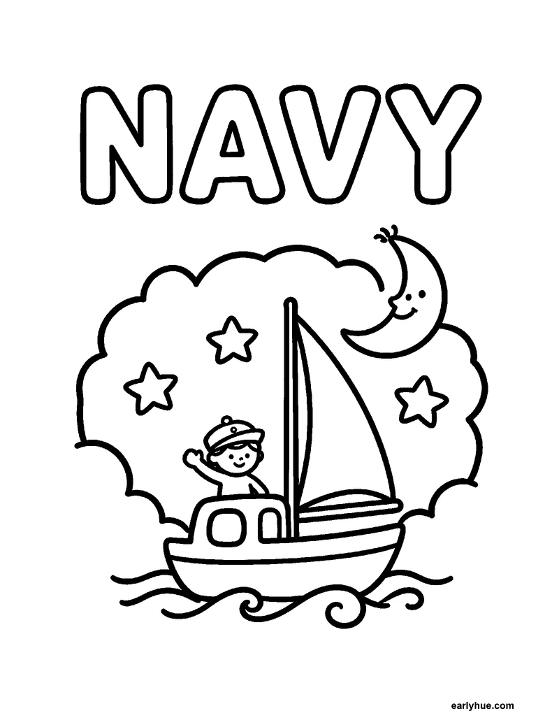 Black-and-white printable navy coloring page featuring original child-friendly coloring page showing one large hollow uppercase word navy beside one night sky.
