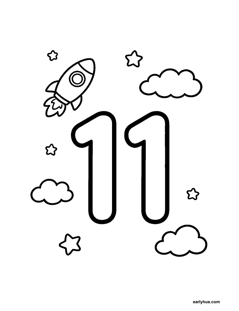 Black-and-white printable number 11 coloring page featuring original child-friendly coloring page showing one large correctly formed hollow numeral 11 as the.