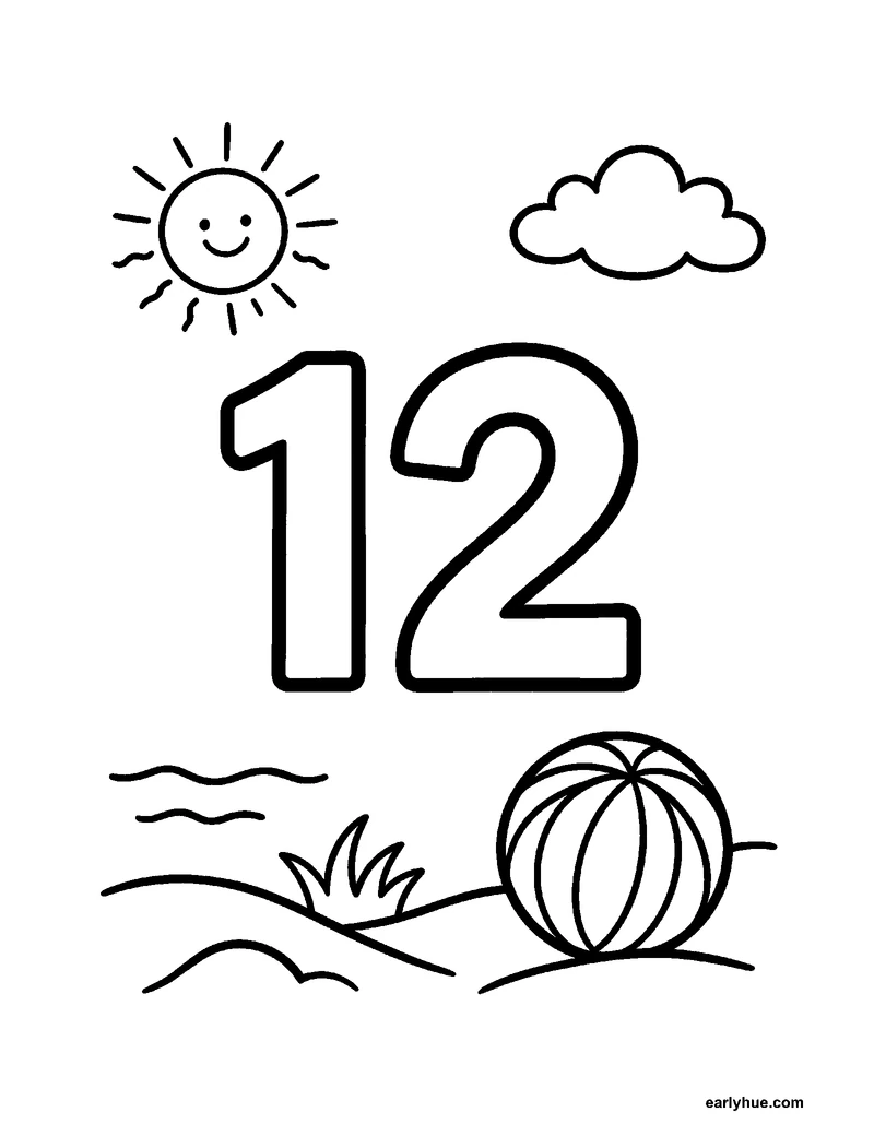 Black-and-white printable number 12 coloring page featuring original child-friendly coloring page showing one large correctly formed hollow numeral 12 as the.