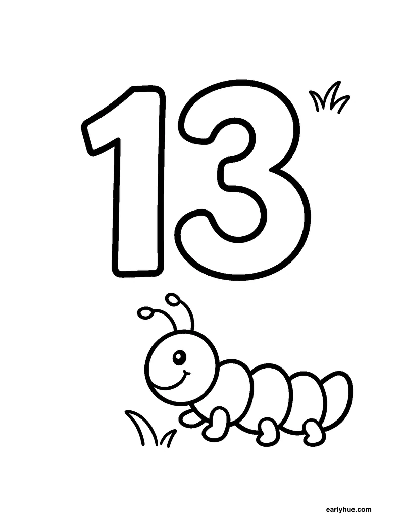 Black-and-white printable number 13 coloring page featuring original child-friendly coloring page showing one large correctly formed hollow numeral 13 as the.