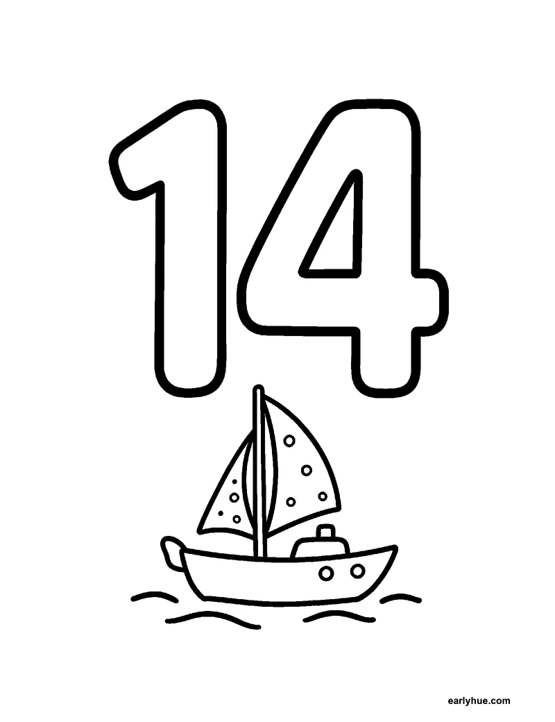 Black-and-white printable number 14 coloring page featuring original child-friendly coloring page showing one large correctly formed hollow numeral 14 as the.
