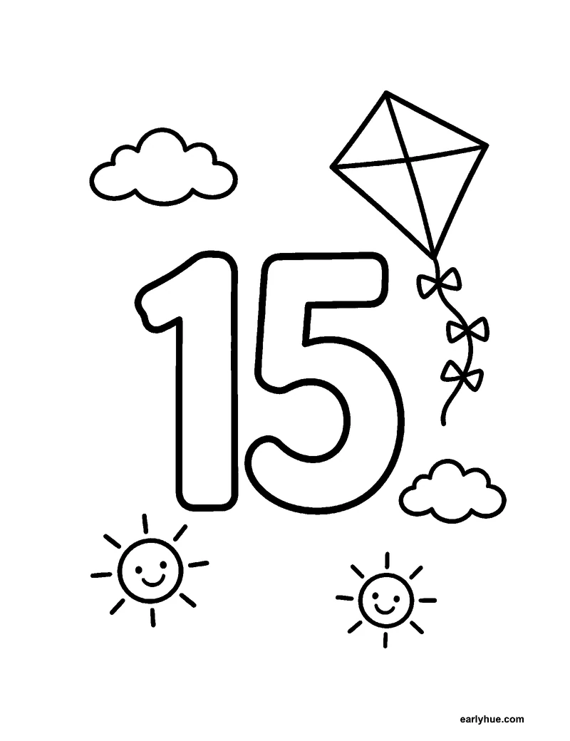 Black-and-white printable number 15 coloring page featuring original child-friendly coloring page showing one large correctly formed hollow numeral 15 as the.