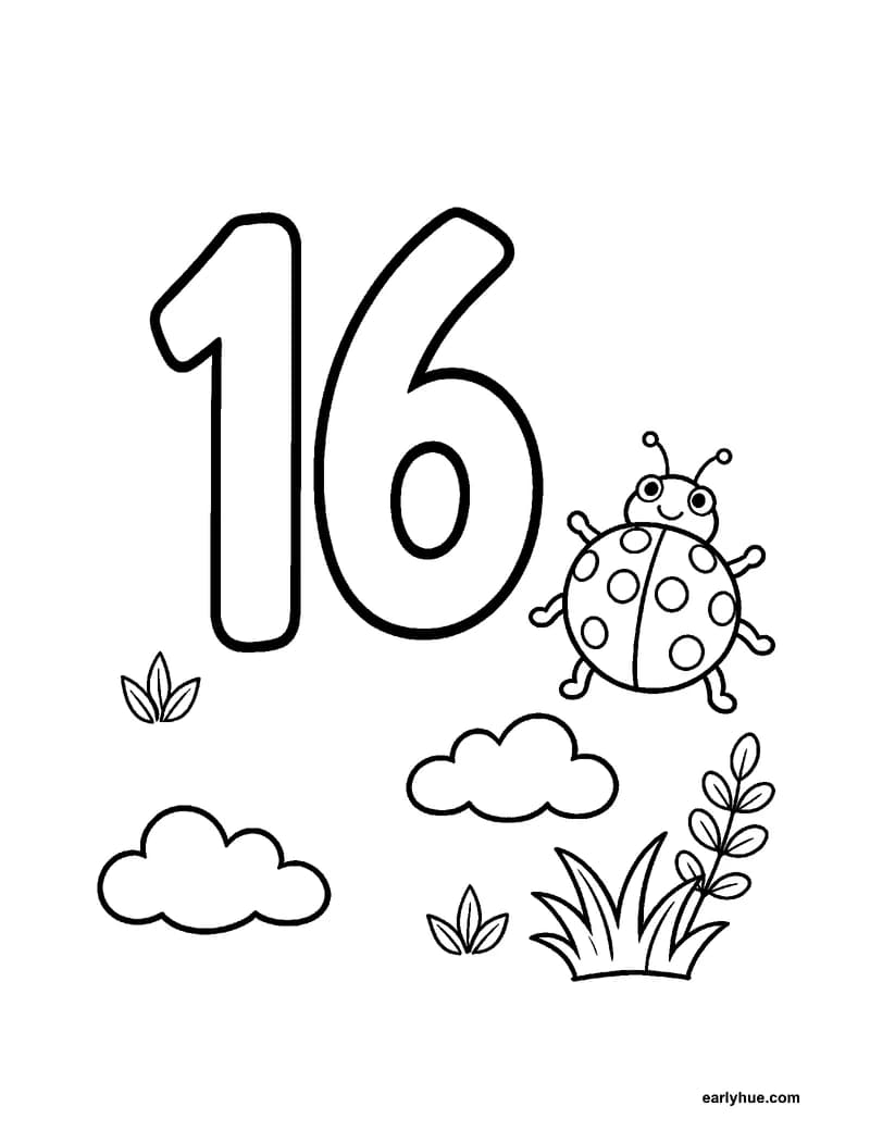 Black-and-white printable number 16 coloring page featuring original child-friendly coloring page showing one large correctly formed hollow numeral 16 as the.