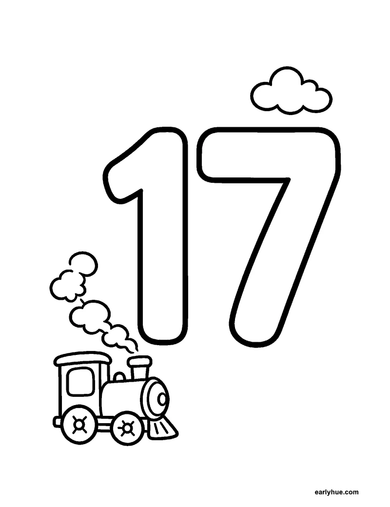 Black-and-white printable number 17 coloring page featuring original child-friendly coloring page showing one large correctly formed hollow numeral 17 as the.