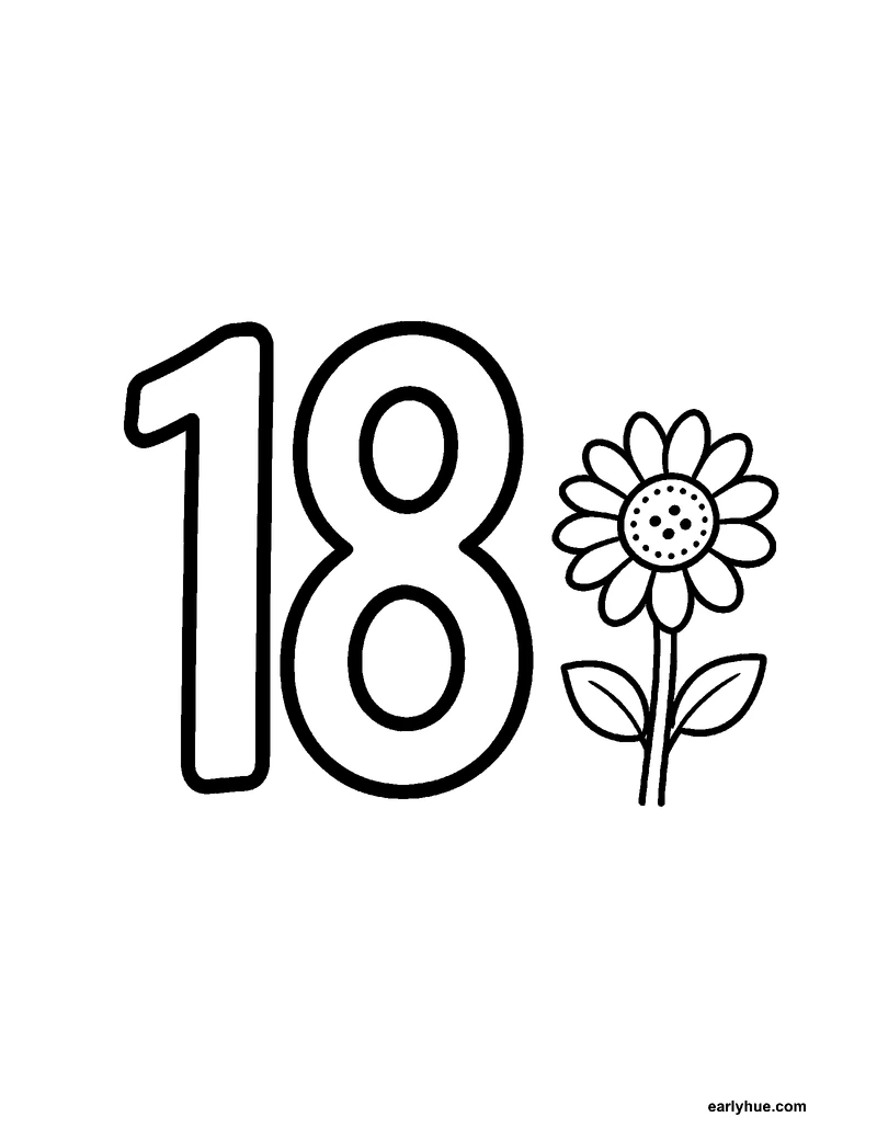 Black-and-white printable number 18 coloring page featuring original child-friendly coloring page showing one large correctly formed hollow numeral 18 as the.