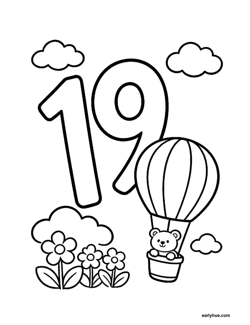 Black-and-white printable number 19 coloring page featuring original child-friendly coloring page showing one large correctly formed hollow numeral 19 as the.