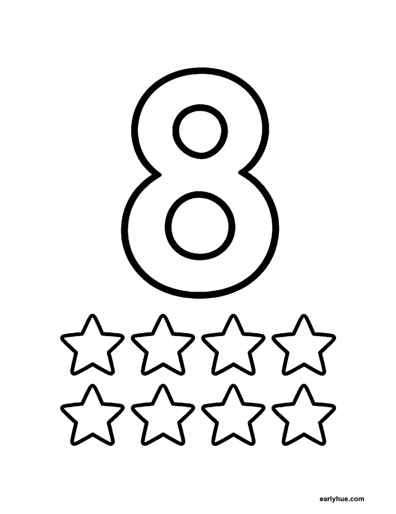 Black-and-white printable number 8 coloring page featuring number-learning coloring page centered on one large correctly formed hollow numeral 8, paired with.