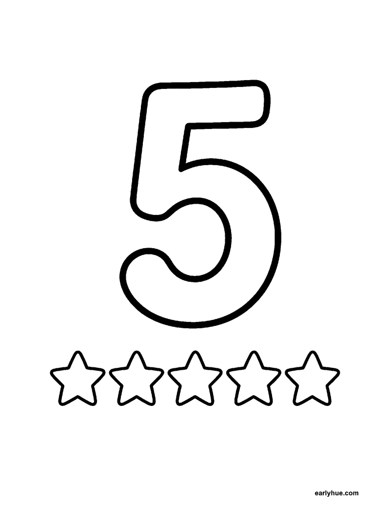 Black-and-white printable number 5 coloring page featuring number-learning coloring page centered on one large correctly formed hollow numeral 5, paired with.