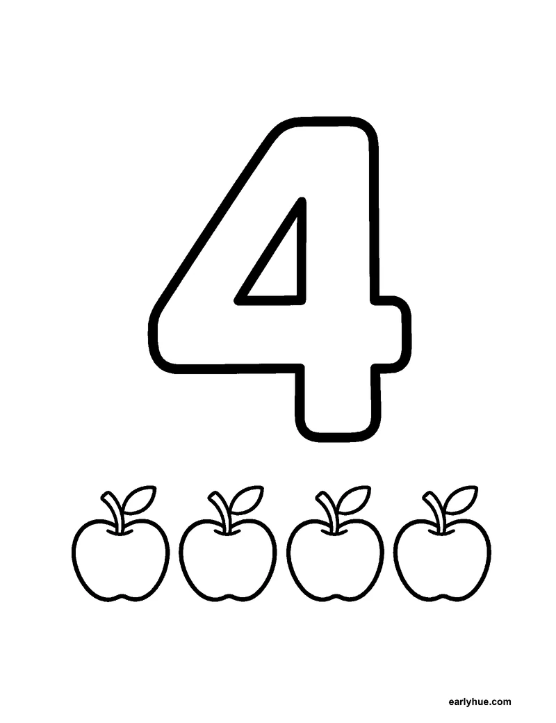 Black-and-white printable number 4 coloring page featuring number-learning coloring page centered on one large correctly formed hollow numeral 4, paired with.