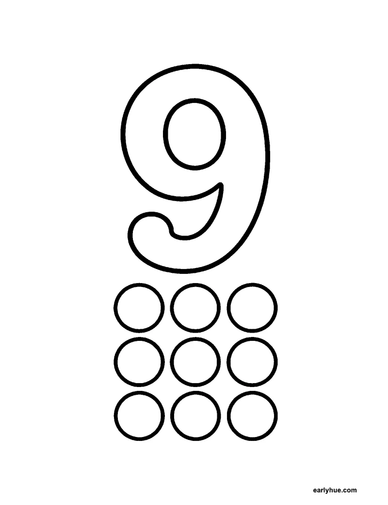 Black-and-white printable number 9 coloring page featuring number-learning coloring page centered on one large correctly formed hollow numeral 9, paired with.