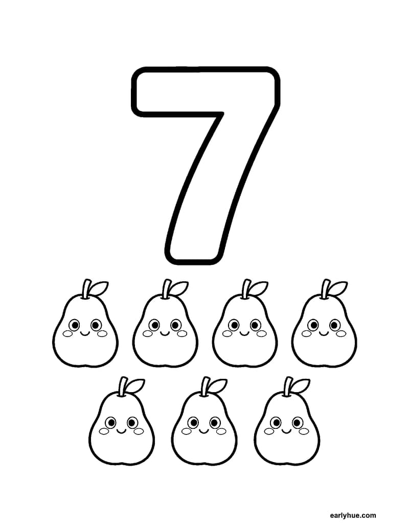 Black-and-white printable number 7 coloring page featuring number-learning coloring page centered on one large correctly formed hollow numeral 7, paired with.
