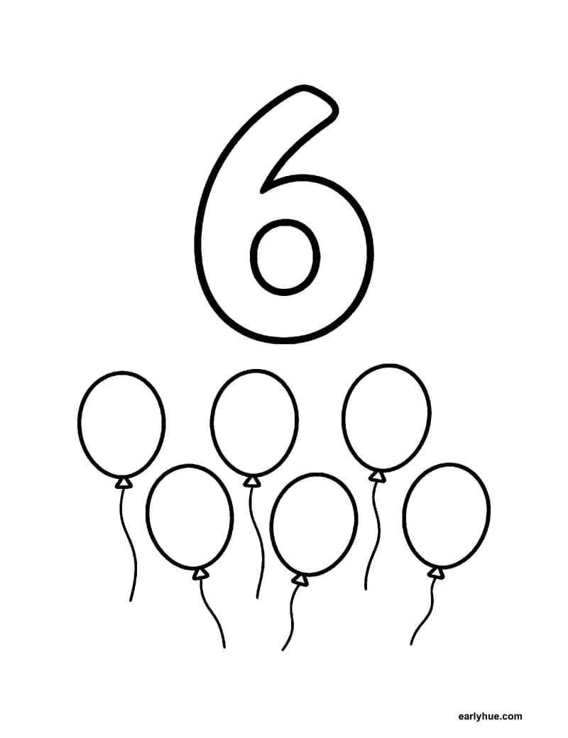 Black-and-white printable number 6 coloring page featuring number-learning coloring page centered on one large correctly formed hollow numeral 6, paired with.