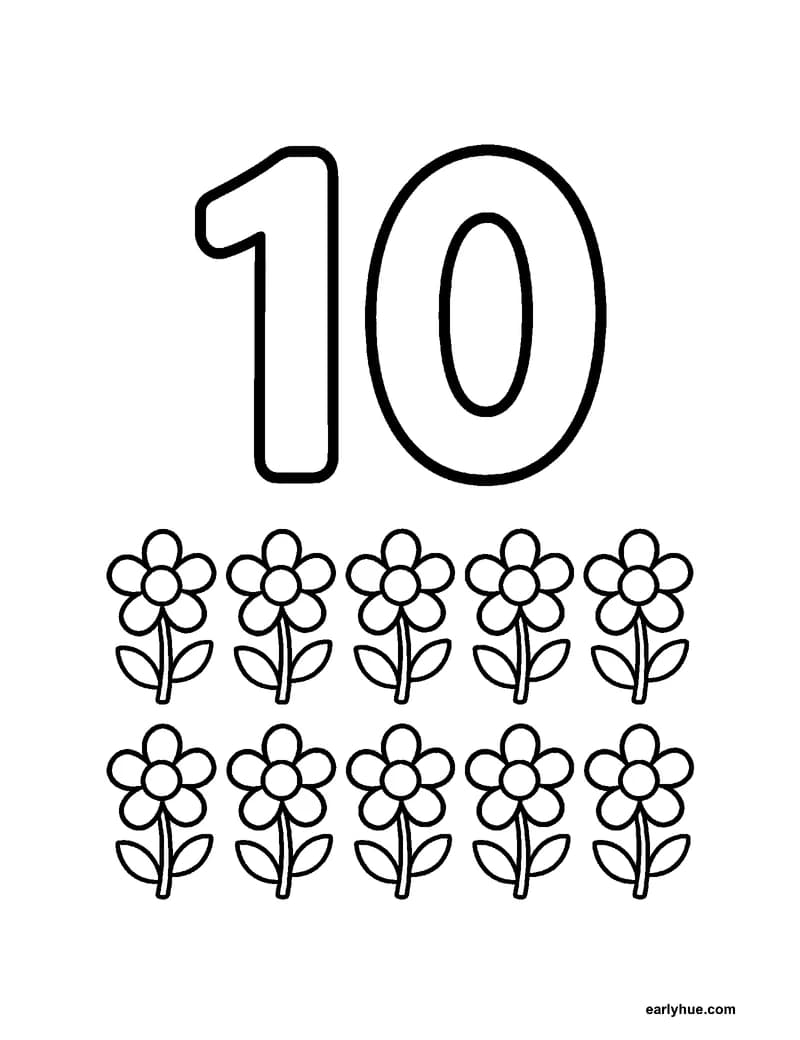 Black-and-white printable number 10 coloring page featuring number-learning coloring page centered on one large correctly formed hollow numeral 10 shown as a.