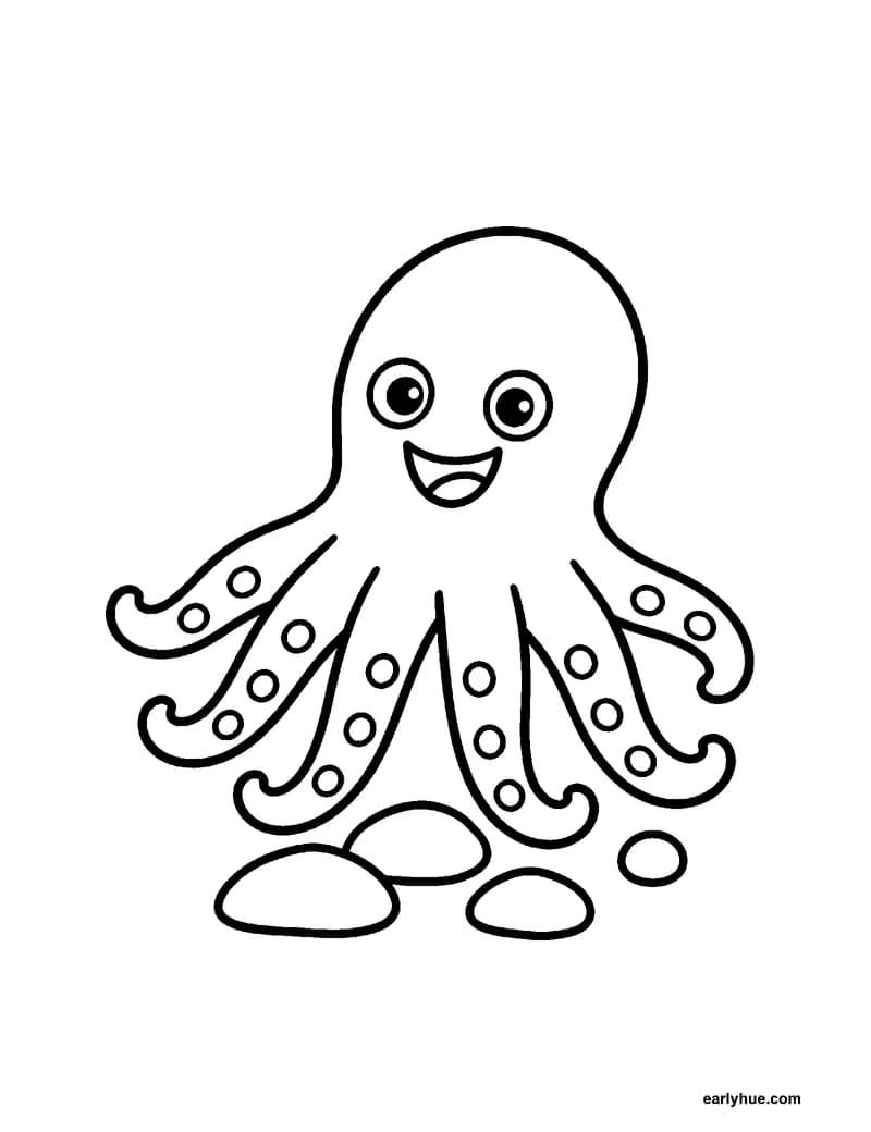 A black-and-white coloring page of a smiling octopus that rests on the sea floor with eight thick curling arms.