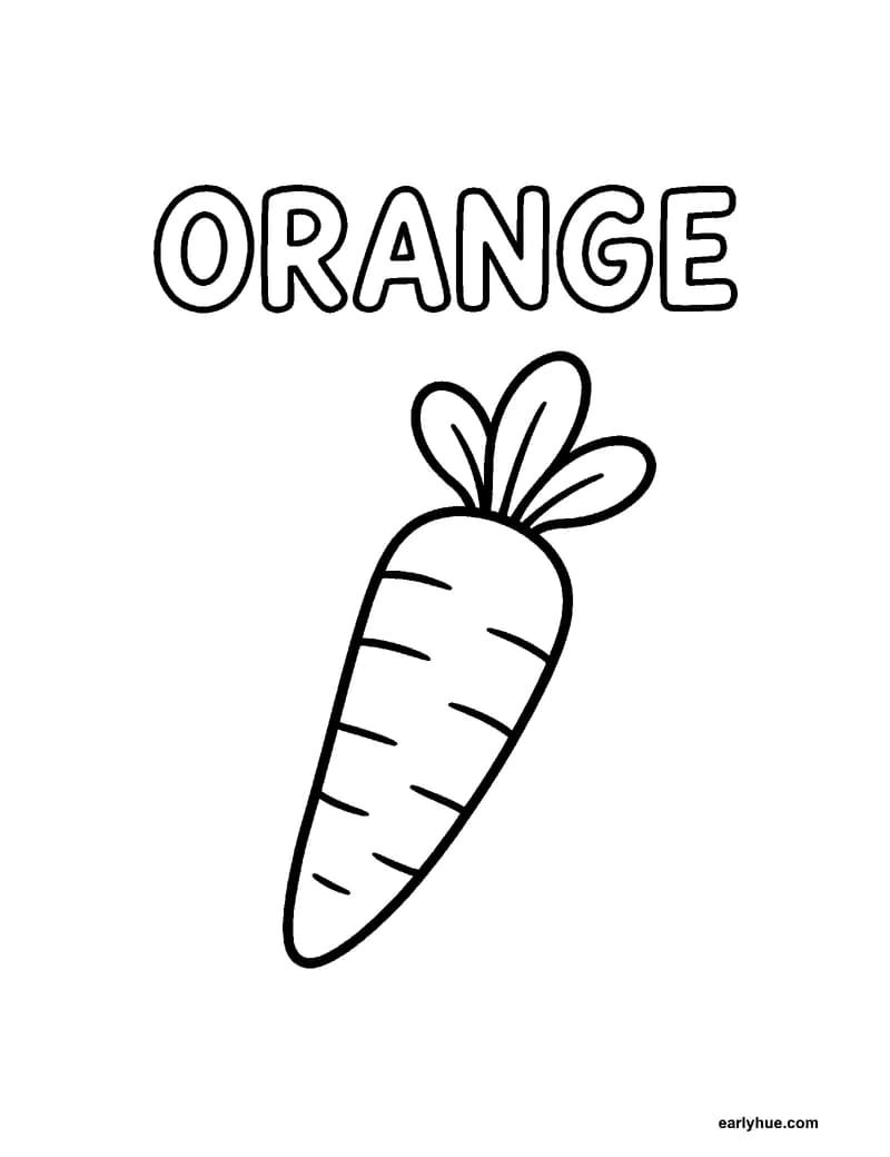 Black-and-white printable orange coloring page featuring original child-friendly coloring page showing one large hollow uppercase word orange beside one long.