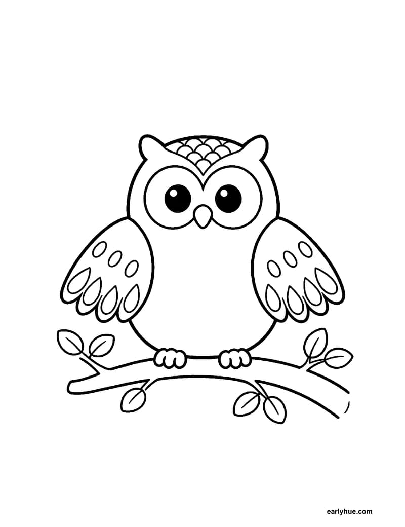 Black-and-white printable owl coloring page featuring original child-friendly coloring page showing one round owl perched on a branch with two large eyes, a.