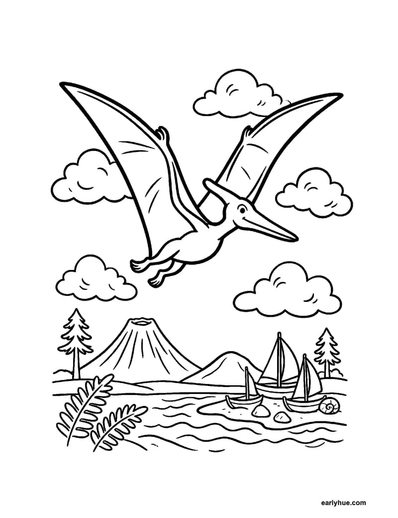 Black-and-white printable pteranodon coloring page featuring original child-friendly coloring page showing one pteranodon gliding above a prehistoric shore.