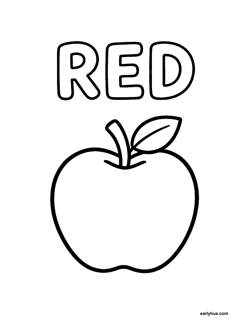 Black-and-white printable red coloring page featuring original child-friendly coloring page showing one large hollow uppercase word red beside one large apple.