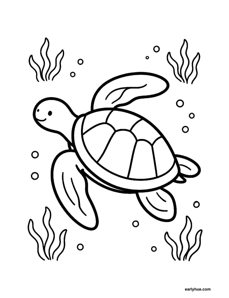A black-and-white coloring page of a sea turtle that glides through the water with a broad shell and two long front flippers.