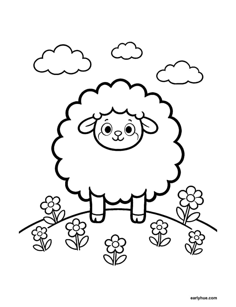 Black-and-white printable sheep coloring page featuring original child-friendly coloring page showing one gentle sheep on a hill with a large scalloped.