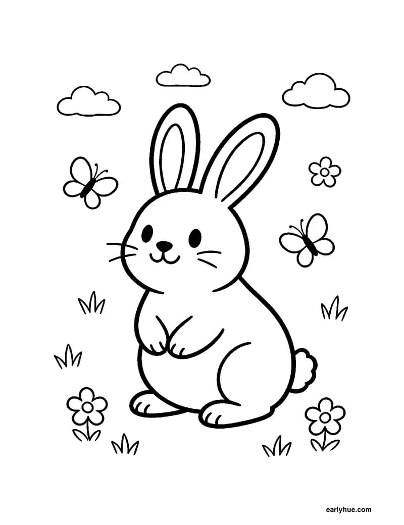 Black-and-white printable spring bunny coloring page featuring original child-friendly spring coloring page showing one sitting spring bunny with two long.