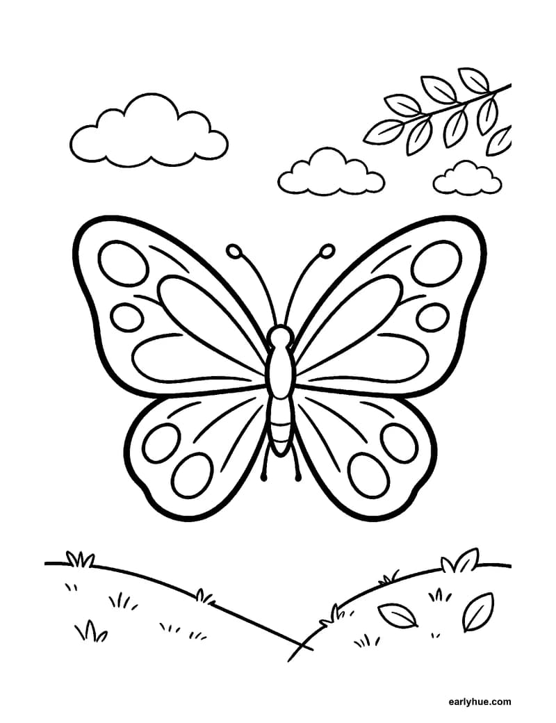 Black-and-white printable spring butterfly coloring page featuring original child-friendly spring coloring page showing one symmetrical butterfly with two.