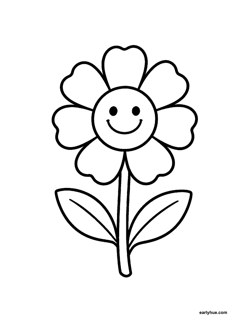 Black-and-white printable spring flower coloring page featuring original child-friendly spring coloring page showing one large blooming spring flower with a.
