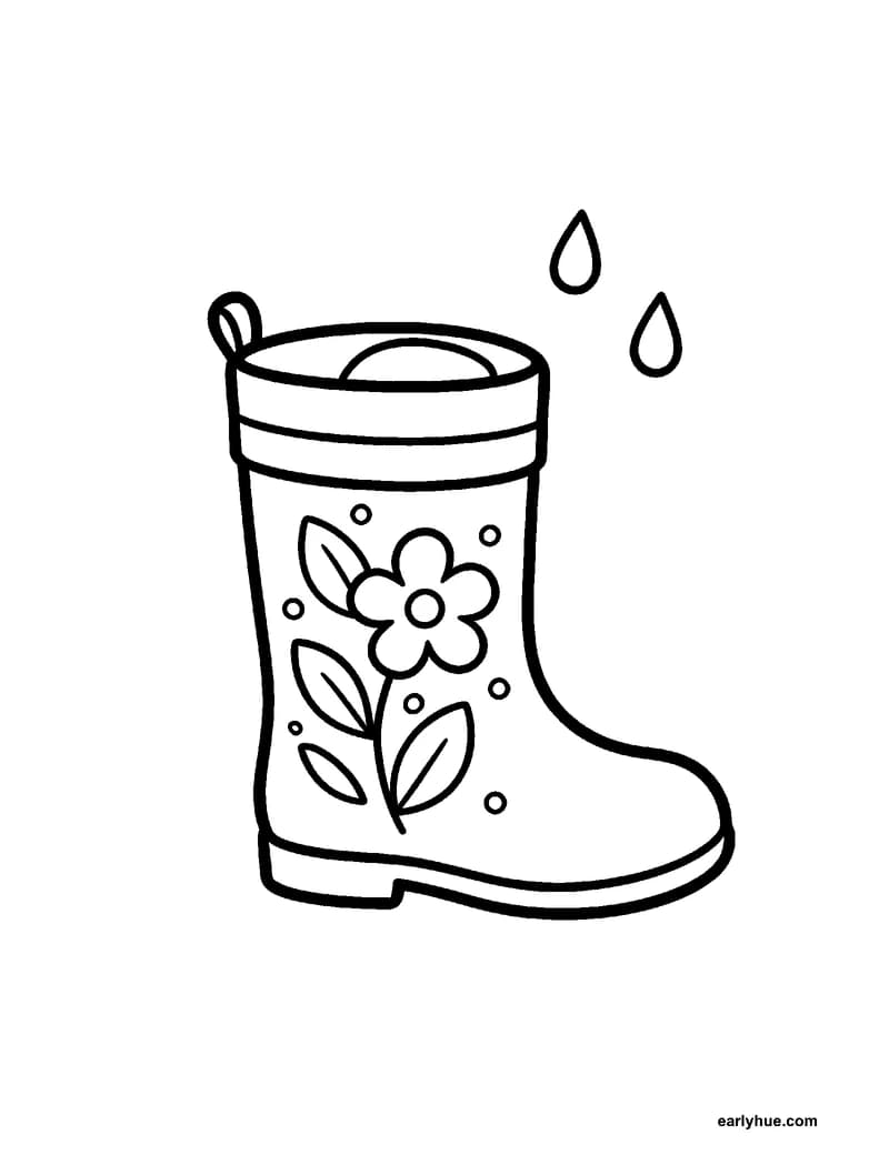 Black-and-white printable spring rain boot coloring page featuring original child-friendly spring coloring page showing one tall rain boot standing upright.