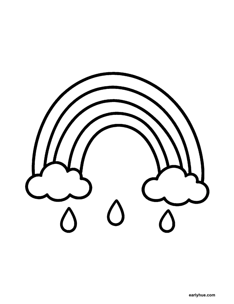 Black-and-white printable spring rainbow coloring page featuring original child-friendly spring coloring page showing one arched spring rainbow with four.