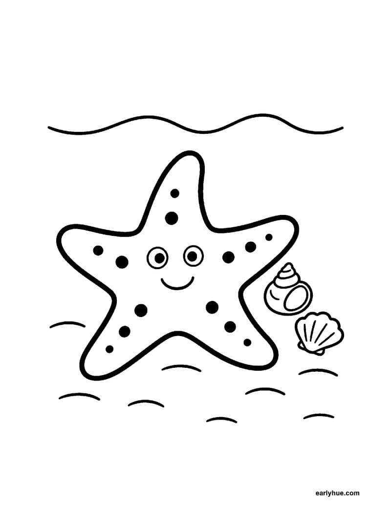 A black-and-white coloring page of a starfish that rests on the sand with five rounded arms and two small shells beside him.