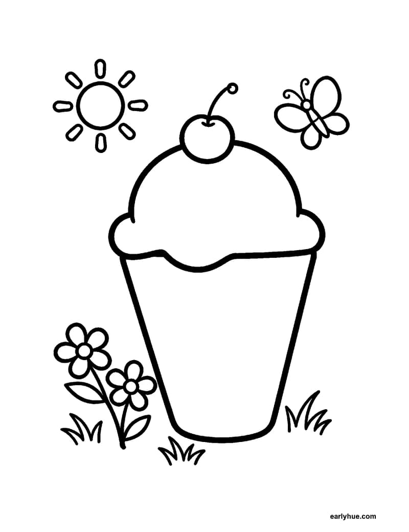 Black-and-white printable summer ice cream coloring page featuring original child-friendly summer coloring page showing one summer ice cream cone with a.