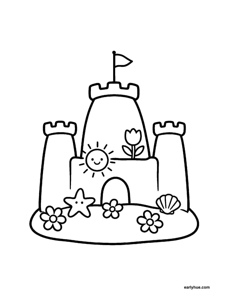 Black-and-white printable summer sandcastle coloring page featuring original child-friendly summer coloring page showing one simple summer sandcastle with.