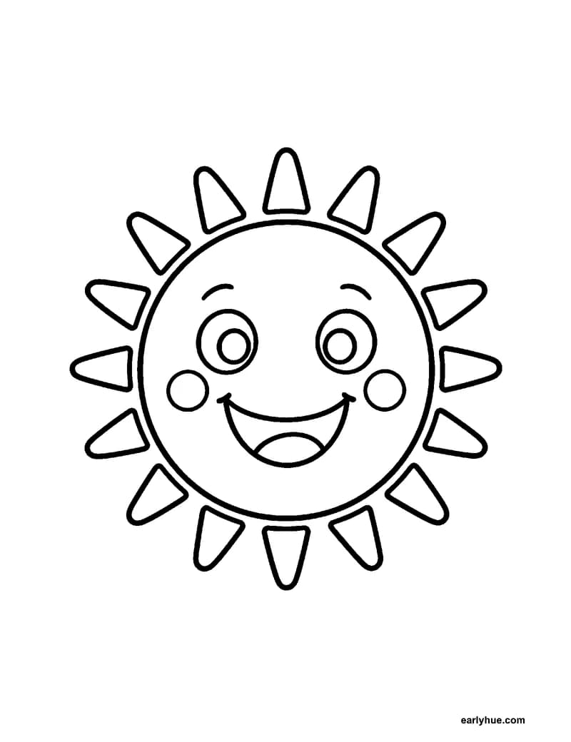 Black-and-white printable summer sun coloring page featuring original child-friendly summer coloring page showing one large smiling summer sun with a round.