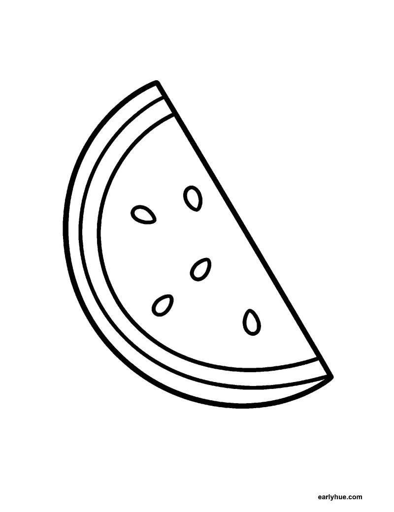 Black-and-white printable summer watermelon coloring page featuring original child-friendly summer coloring page showing one half-moon watermelon slice with a.