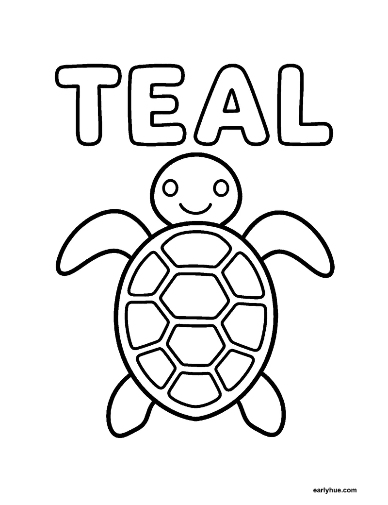 Black-and-white printable teal coloring page featuring original child-friendly coloring page showing one large hollow uppercase word teal beside one sea.