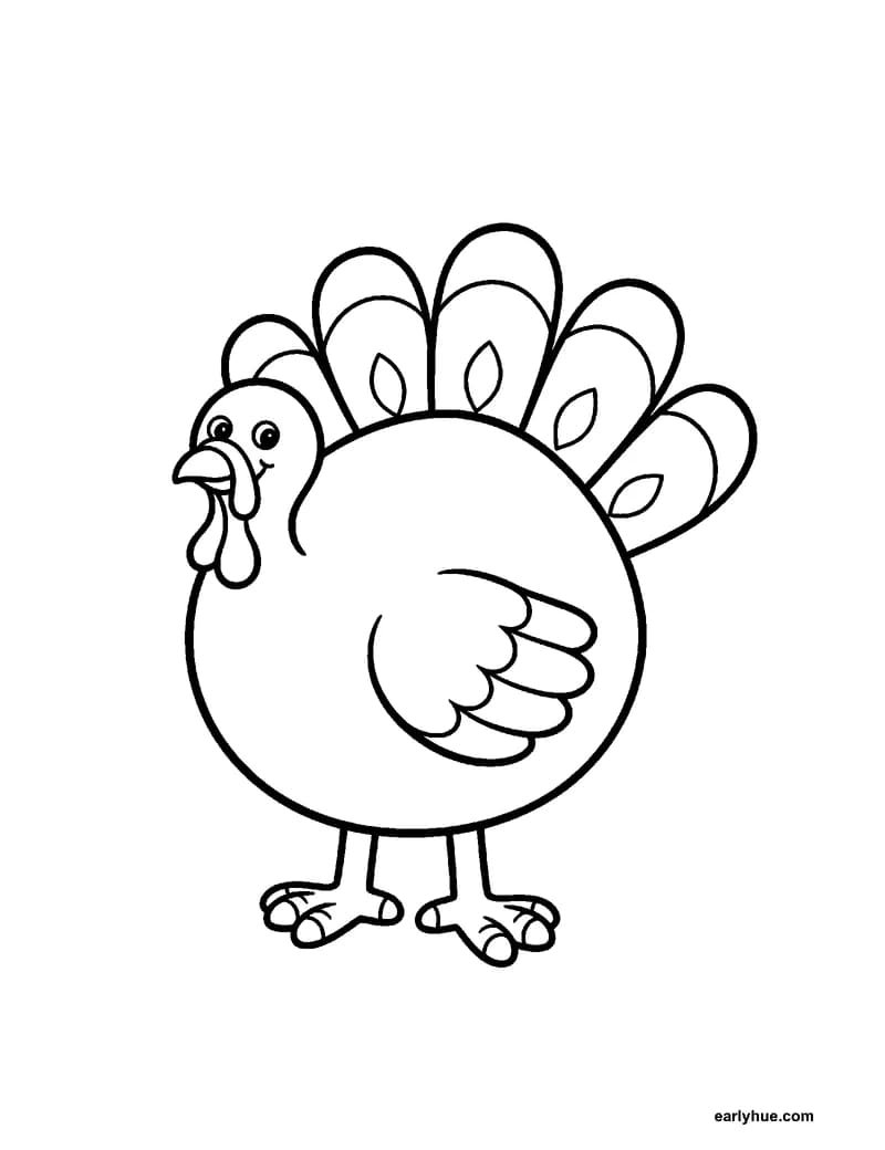A black-and-white coloring page of a turkey that fans out five wide tail feathers behind a round body.