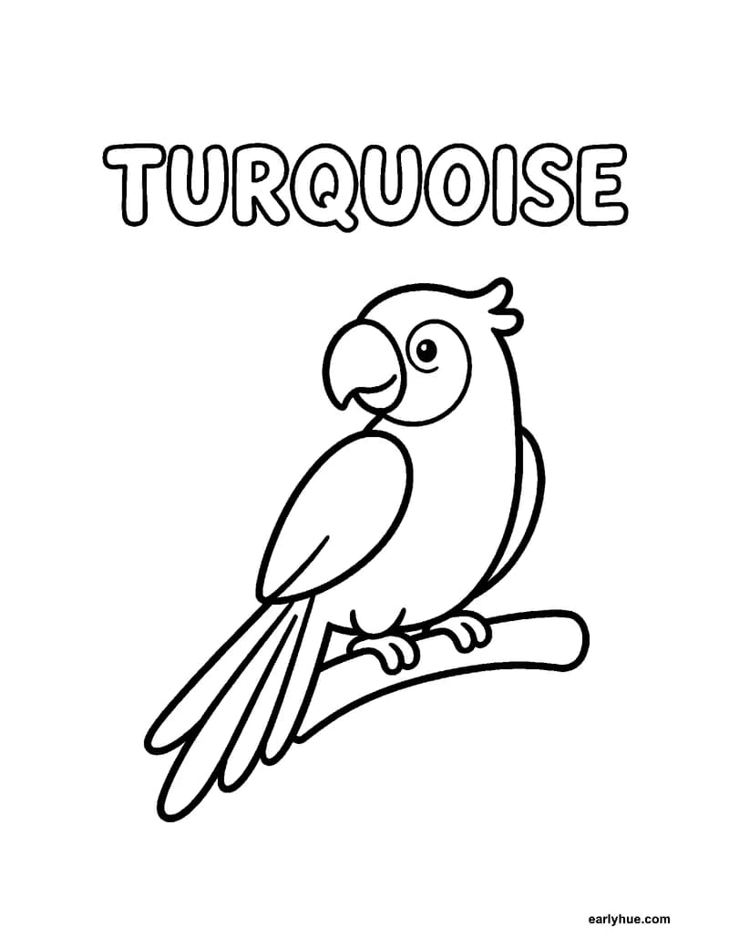 Black-and-white printable turquoise coloring page featuring original child-friendly coloring page showing one large hollow uppercase word turquoise beside one.