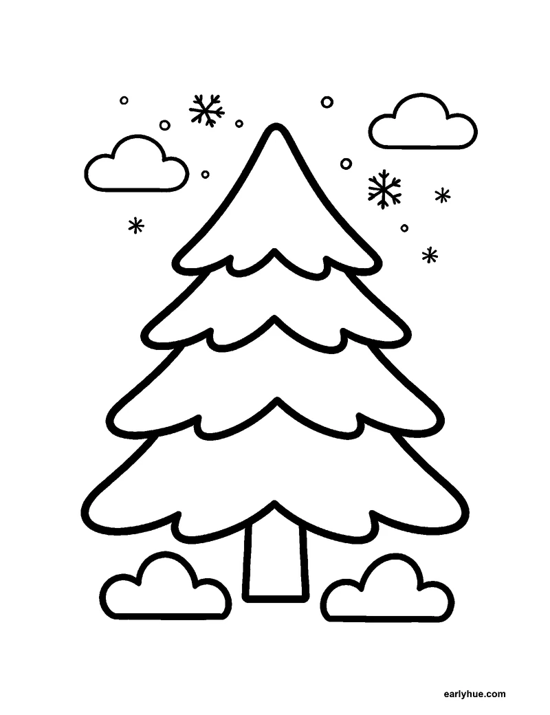 Black-and-white printable winter evergreen coloring page featuring original child-friendly winter coloring page showing one tall winter evergreen tree with.