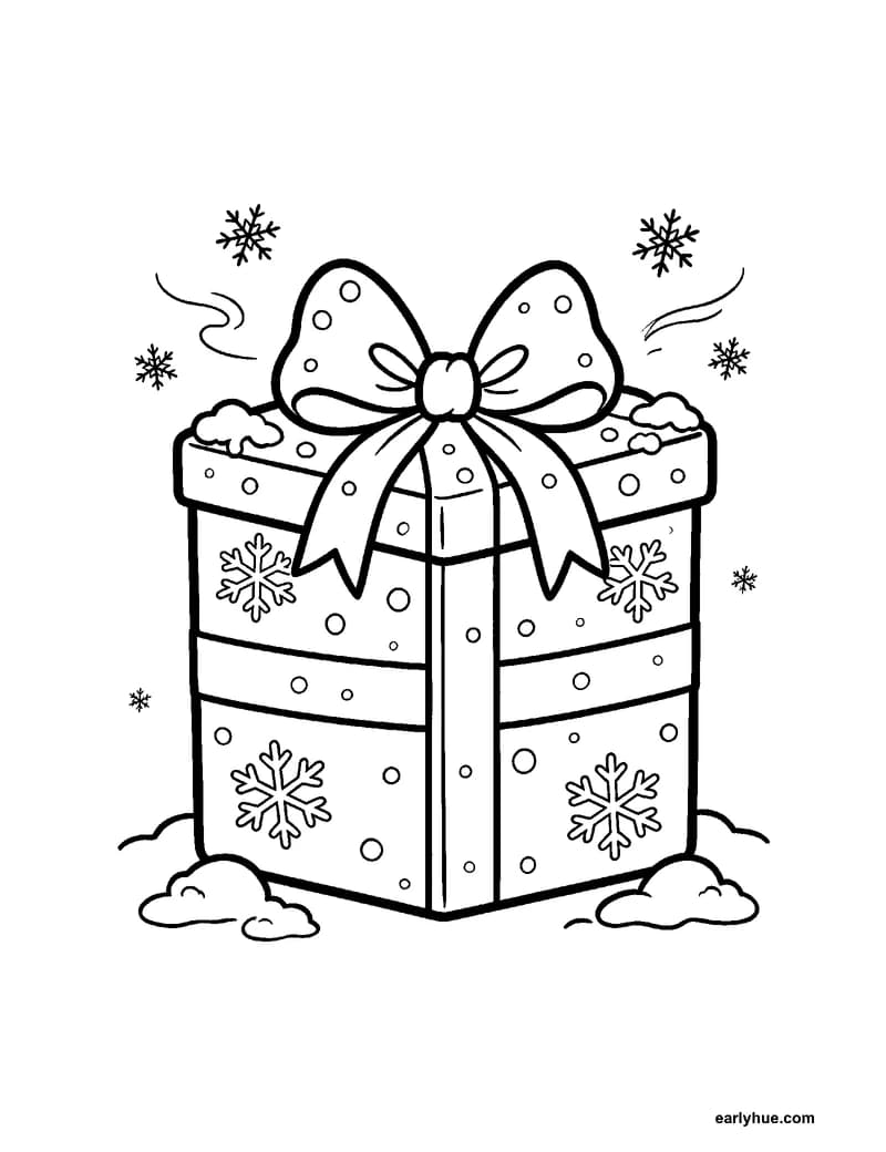 Black-and-white printable winter gift box coloring page featuring original child-friendly winter coloring page showing one square winter gift box with a large.