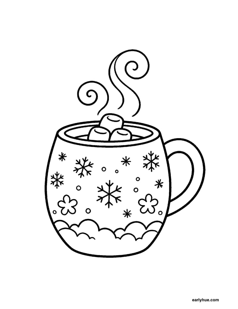 Black-and-white printable winter hot cocoa coloring page featuring original child-friendly winter coloring page showing one large winter mug of hot cocoa with.