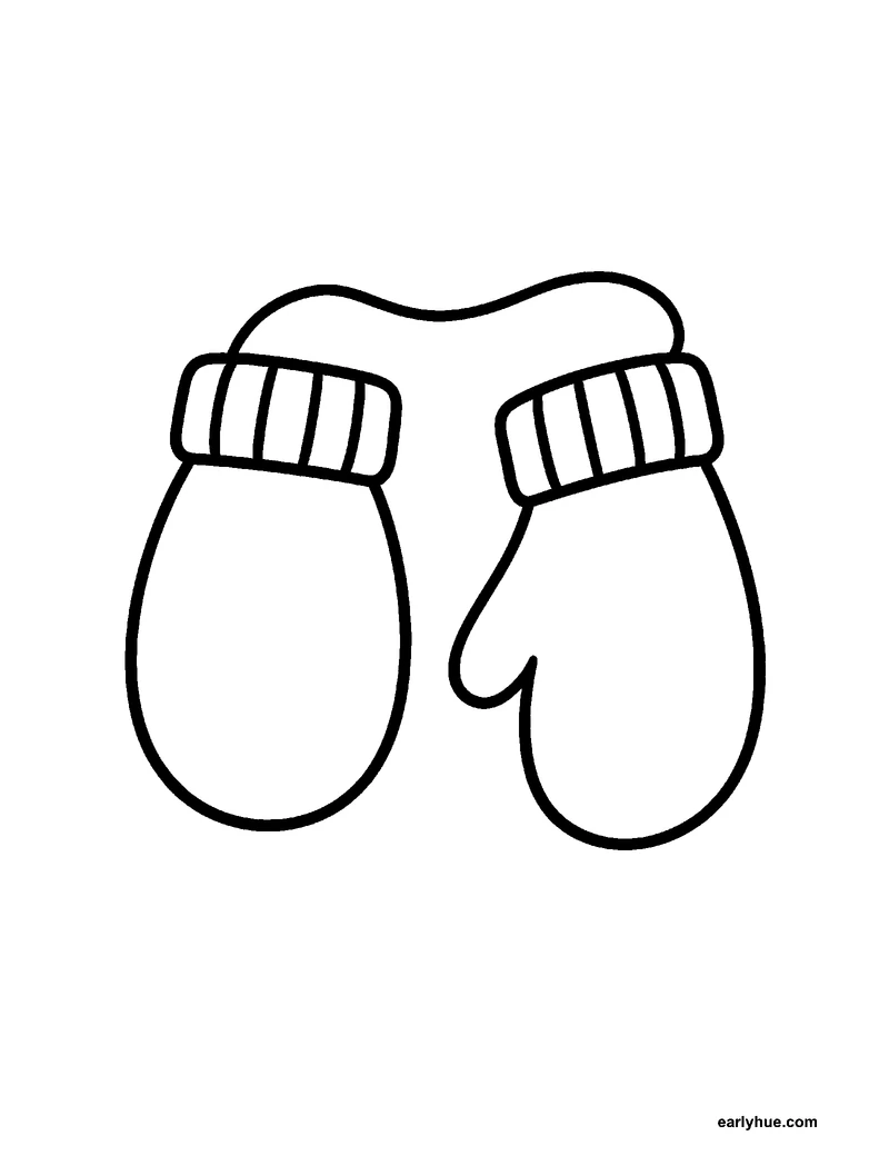 Black-and-white printable winter mitten coloring page featuring original child-friendly winter coloring page showing one pair of winter mittens with a wide.