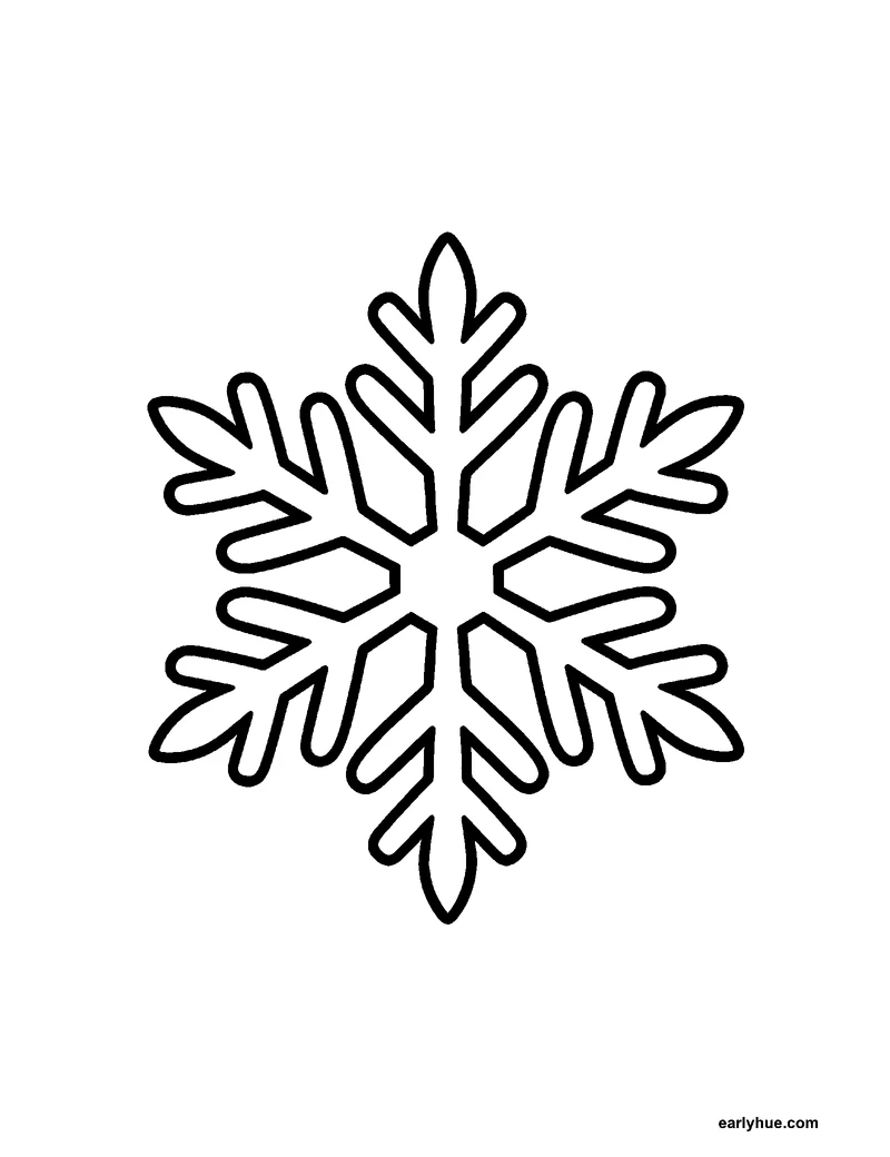 Black-and-white printable winter snowflake coloring page featuring original child-friendly winter coloring page showing one large six-point winter snowflake.