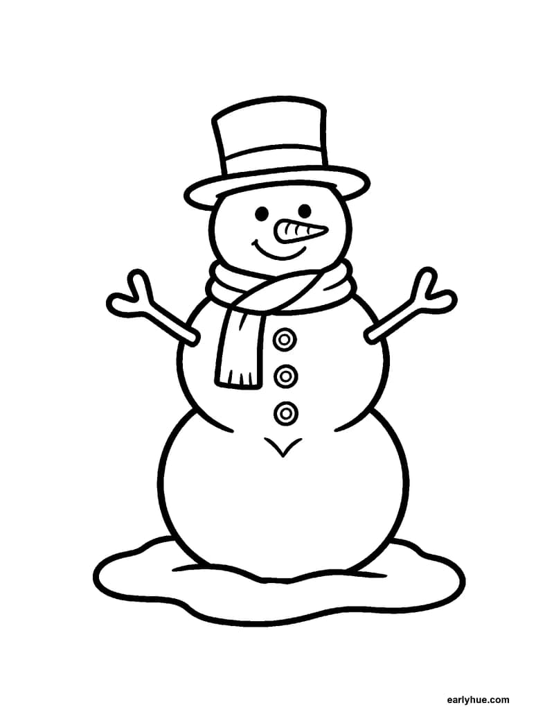 Black-and-white printable winter snowman coloring page featuring original child-friendly winter coloring page showing one classic winter snowman with three.