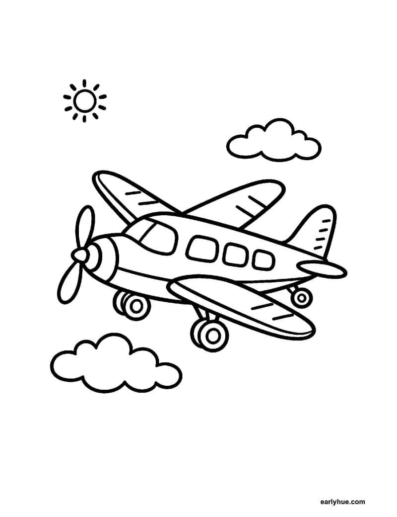 Black-and-white printable airplane coloring page featuring one original friendly propeller airplane flying through an open sky, with one fuselage, two clearly.