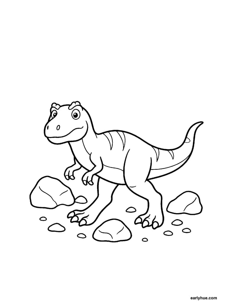 Black-and-white printable allosaurus coloring page featuring original child-friendly coloring page showing one alert allosaurus crossing a rocky plain with.