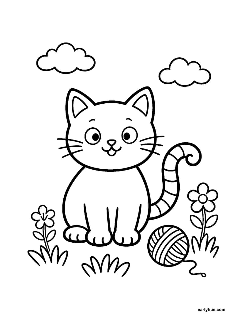 Friendly sitting cat animal coloring page with bold preschool outlines