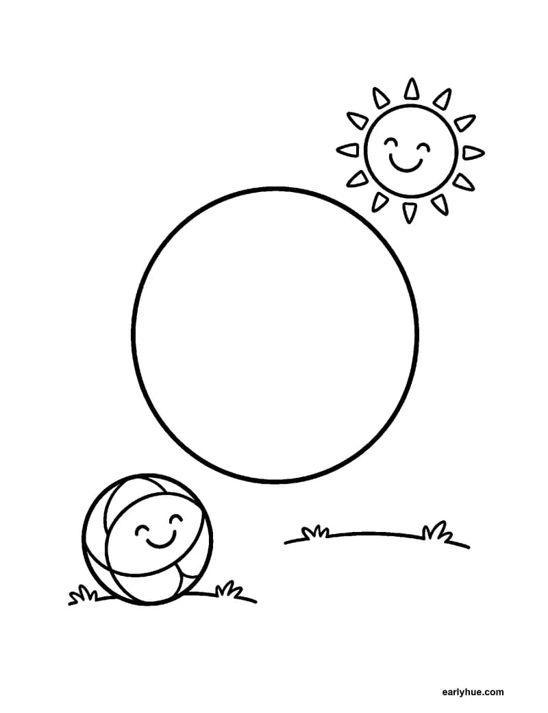 Circle discovery coloring page with smiling circle, sun, ball, balloon, bubbles, and hills