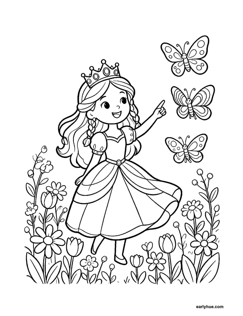 Black-and-white printable princess and butterflies coloring page featuring original child-friendly coloring page showing one original princess watching three.